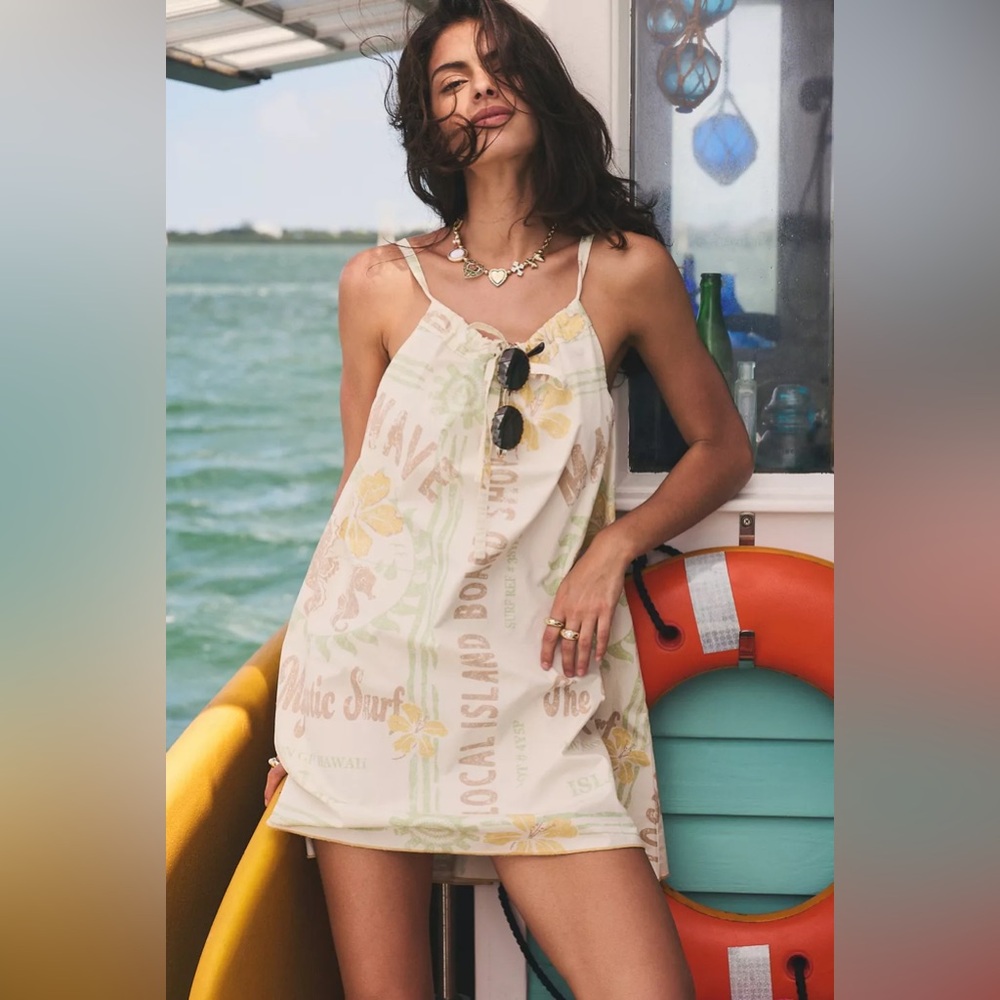 Urban Outfitters BDG Eva Tie-Front Ruched Strap Trapeze Mini Dress Maui Surf NWT